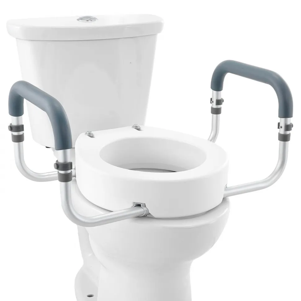 VEVOR Raised Toilet Seat, 3.5" Height Raised, 300 lbs Weight Capacity, for Standard Round Toilet, Aluminum Handrail, with EVA Armrest Padding, for Elderly, Handicap, Patient, Pregnant, Medical