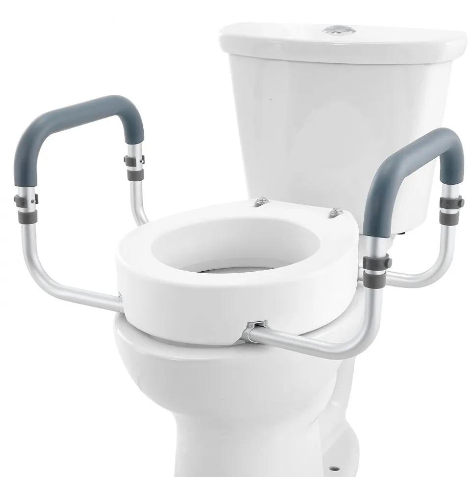 VEVOR Raised Toilet Seat, 3.5" Height Raised, 300 lbs Weight Capacity, for Standard Round Toilet, Aluminum Handrail, with EVA Armrest Padding, for Elderly, Handicap, Patient, Pregnant, Medical