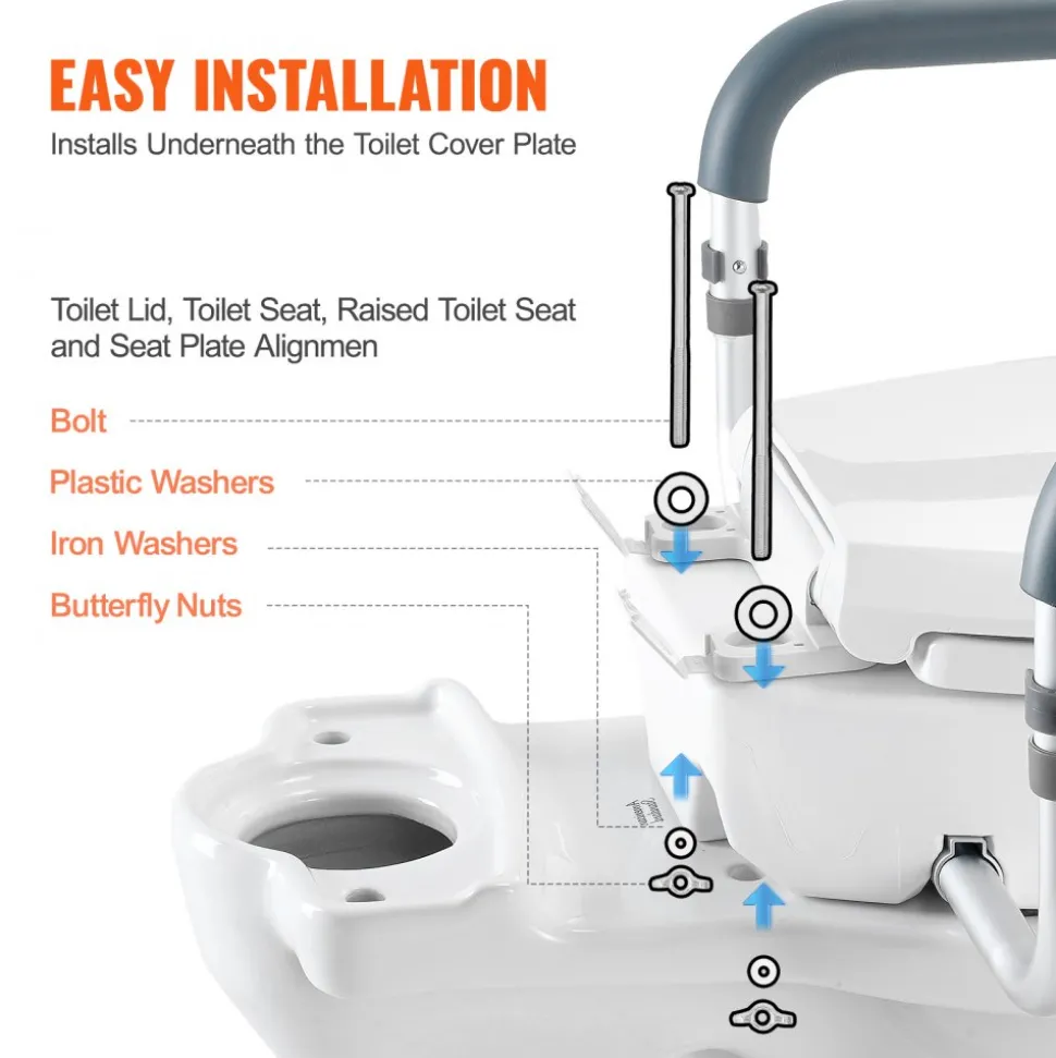 VEVOR Raised Toilet Seat, 3.5" Height Raised, 300 lbs Weight Capacity, for Standard Round Toilet, Aluminum Handrail, with EVA Armrest Padding, for Elderly, Handicap, Patient, Pregnant, Medical