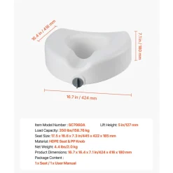 VEVOR Raised Toilet Seat, 350 lbs Capacity, 5-Inch Lift Height, Commode Elevated Toilet Seat Riser with Enlarged Opening for Seniors, Elderly, Handicap, Disabled, Adults, Fits Elongated & Round Bowl
