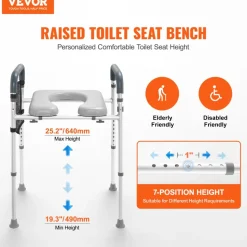 VEVOR Raised Toilet Seat, 7-Position Height Adjustment 19.3" - 25.2", 350lbs Weight Capacity, with Comfort Padded Aluminum Frame, Universal Toilet Seat Riser, for Elderly, Handicap, Pregnant, Medical