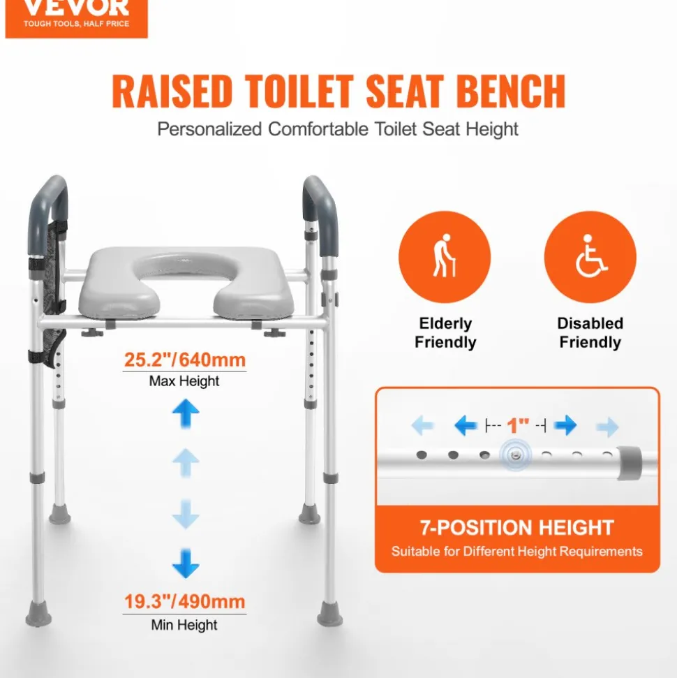 VEVOR Raised Toilet Seat, 7-Position Height Adjustment 19.3" - 25.2", 350lbs Weight Capacity, with Comfort Padded Aluminum Frame, Universal Toilet Seat Riser, for Elderly, Handicap, Pregnant, Medical