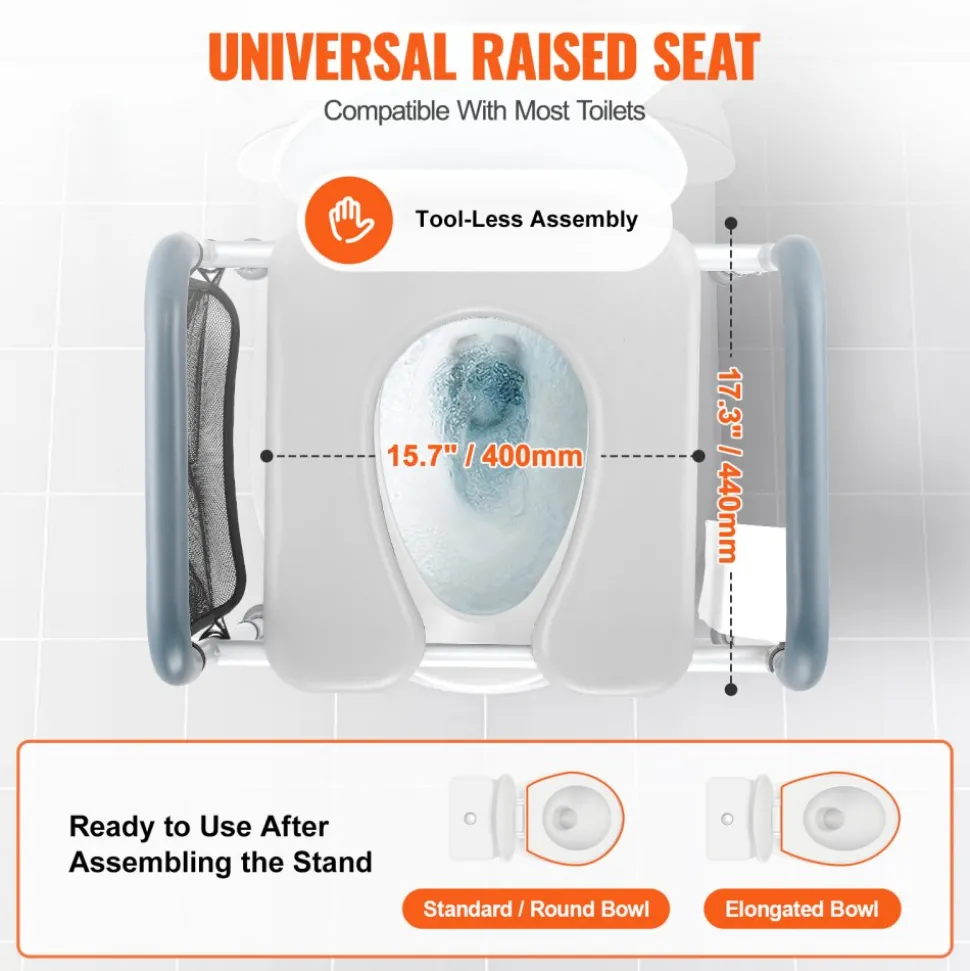 VEVOR Raised Toilet Seat, 7-Position Height Adjustment 19.3" - 25.2", 350lbs Weight Capacity, with Comfort Padded Aluminum Frame, Universal Toilet Seat Riser, for Elderly, Handicap, Pregnant, Medical