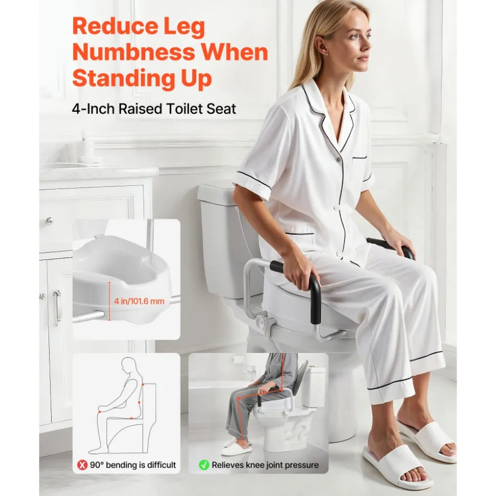 VEVOR Raised Toilet Seat with Arms, 300 lbs Load Capacity, 4-Inch Lift Height, Widened Commode Elevated Toilet Seat Riser with Padded Handles for Seniors, Elderly, Handicap, Disabled, and Adults Use