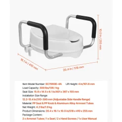 VEVOR Raised Toilet Seat with Arms, 300 lbs Load Capacity, 4-Inch Lift Height, Widened Commode Elevated Toilet Seat Riser with Padded Handles for Seniors, Elderly, Handicap, Disabled, and Adults Use