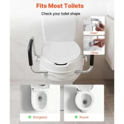 VEVOR Raised Toilet Seat with Arms, 300 lbs Load Capacity, 4-Inch Lift Height, Widened Commode Elevated Toilet Seat Riser with Padded Handles for Seniors, Elderly, Handicap, Disabled, and Adults Use