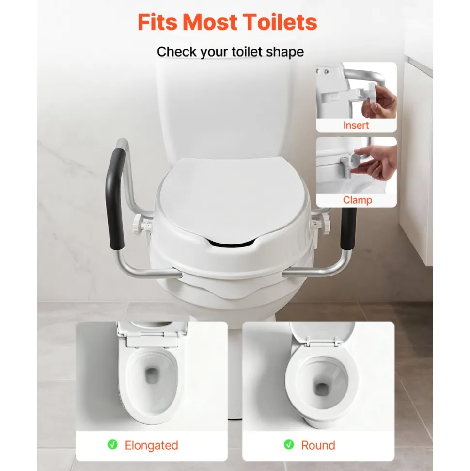 VEVOR Raised Toilet Seat with Arms, 300 lbs Load Capacity, 4-Inch Lift Height, Widened Commode Elevated Toilet Seat Riser with Padded Handles for Seniors, Elderly, Handicap, Disabled, and Adults Use