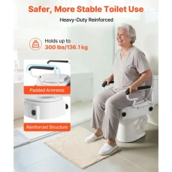 VEVOR Raised Toilet Seat with Arms, 300 lbs Load Capacity, 3-Level Adjustable Height, Widened Commode Elevated Toilet Seat Riser with Padded Handles for Seniors, Elderly, Handicap, Disabled, Adults