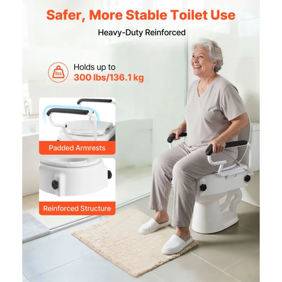 VEVOR Raised Toilet Seat with Arms, 300 lbs Load Capacity, 3-Level Adjustable Height, Widened Commode Elevated Toilet Seat Riser with Padded Handles for Seniors, Elderly, Handicap, Disabled, Adults
