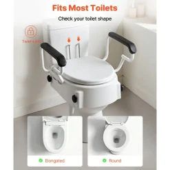 VEVOR Raised Toilet Seat with Arms, 300 lbs Load Capacity, 3-Level Adjustable Height, Widened Commode Elevated Toilet Seat Riser with Padded Handles for Seniors, Elderly, Handicap, Disabled, Adults