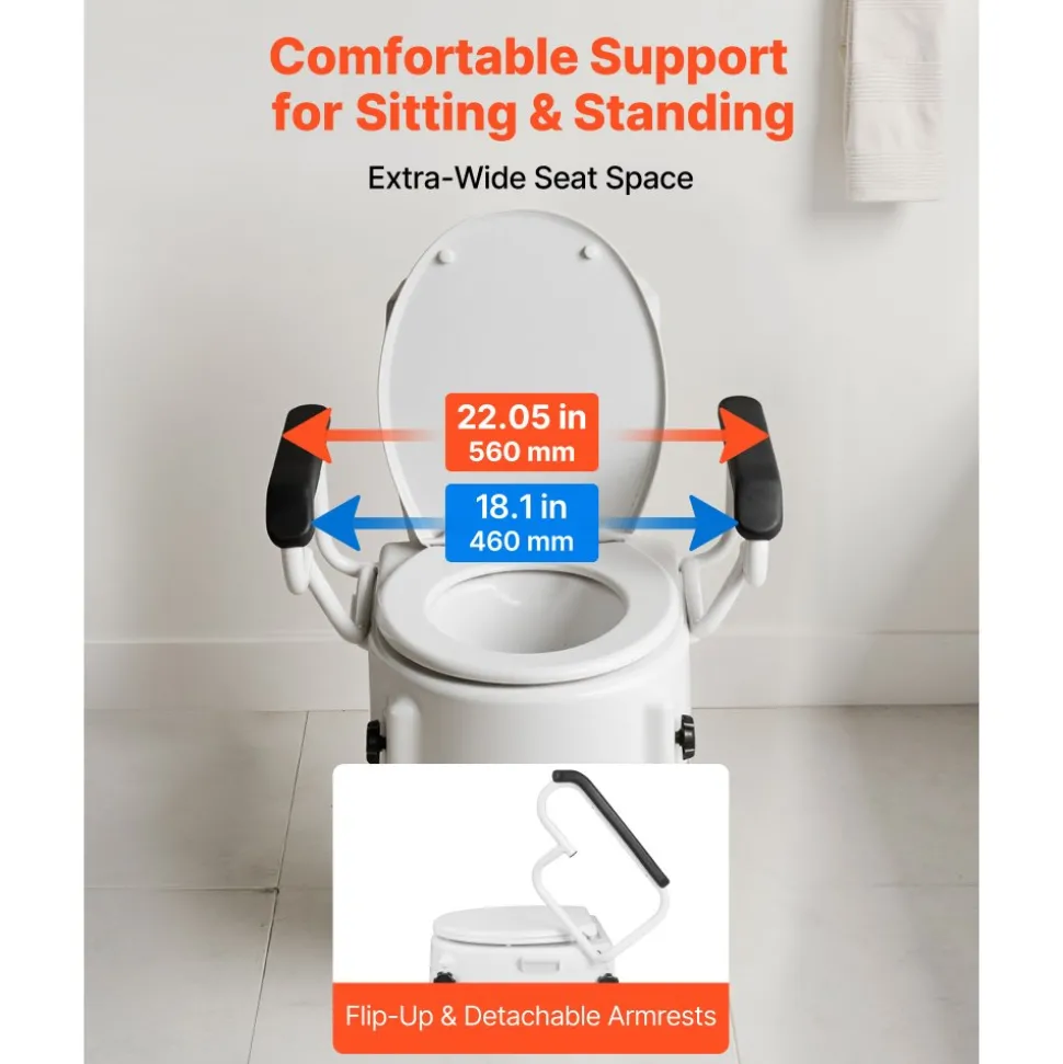 VEVOR Raised Toilet Seat with Arms, 300 lbs Load Capacity, 3-Level Adjustable Height, Widened Commode Elevated Toilet Seat Riser with Padded Handles for Seniors, Elderly, Handicap, Disabled, Adults
