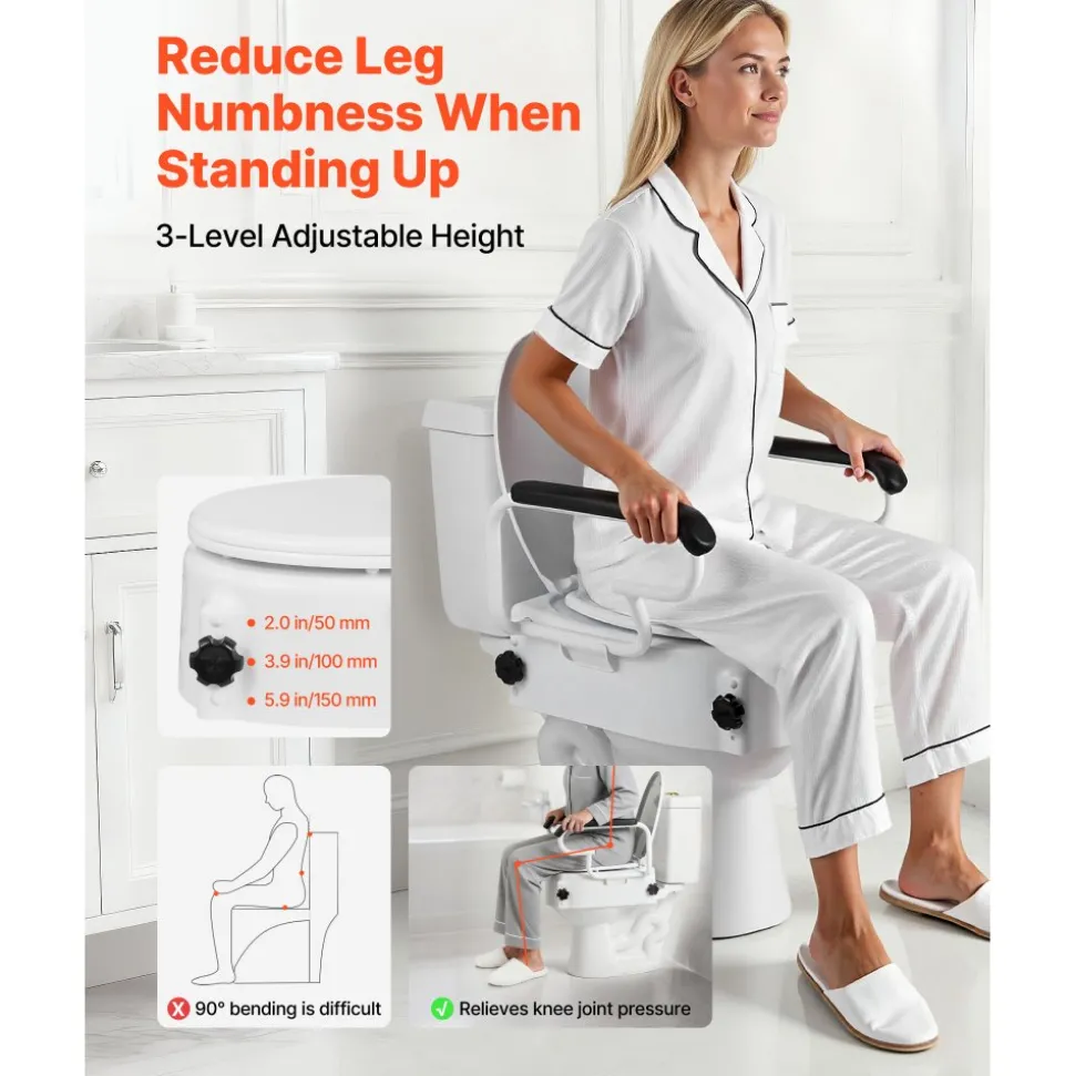 VEVOR Raised Toilet Seat with Arms, 300 lbs Load Capacity, 3-Level Adjustable Height, Widened Commode Elevated Toilet Seat Riser with Padded Handles for Seniors, Elderly, Handicap, Disabled, Adults