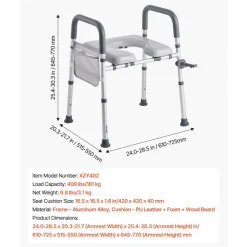 VEVOR Raised Toilet Seat with Arms, 300 lbs Load Capacity, 3.5-Inch Lift Height, Widened Commode Elevated Toilet Seat Riser with Padded Handles for Seniors, Elderly, Handicap, Disabled, and Adults