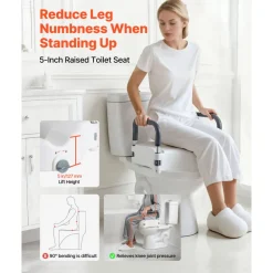 VEVOR Raised Toilet Seat with Arms, 300 lbs Load Capacity, 5-Inch Lift Height, Widened Commode Elevated Toilet Seat Riser with Padded Handles for Seniors, Elderly, Handicap, Disabled, and Adults Use