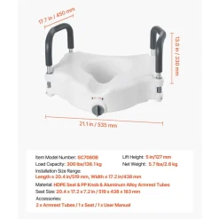 VEVOR Raised Toilet Seat with Arms, 300 lbs Load Capacity, 5-Inch Lift Height, Widened Commode Elevated Toilet Seat Riser with Padded Handles for Seniors, Elderly, Handicap, Disabled, and Adults Use