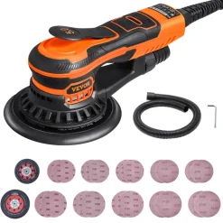 VEVOR Random Orbital Sander 5 & 6-Inch, 350W Brushless Orbital Sander, 10,000 PRM 6 Variable Speed Electric Palm Sander with 20PCS Sandpapers, Dust Connector & Hose for Woodworking Detailing Sanding