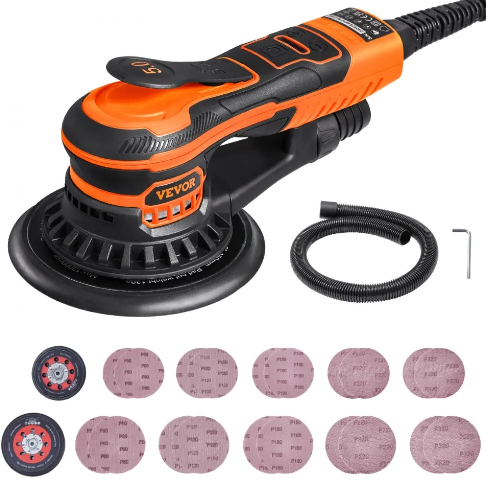 VEVOR Random Orbital Sander 5 & 6-Inch, 350W Brushless Orbital Sander, 10,000 PRM 6 Variable Speed Electric Palm Sander with 20PCS Sandpapers, Dust Connector & Hose for Woodworking Detailing Sanding