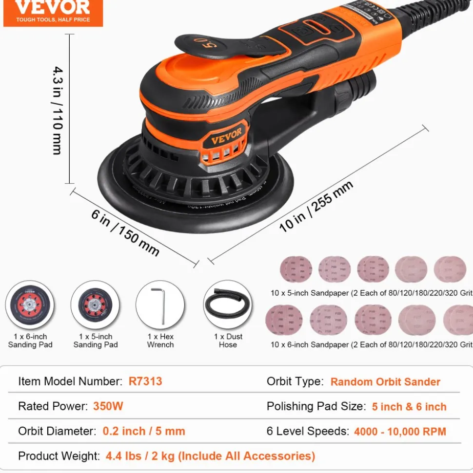 VEVOR Random Orbital Sander 5 & 6-Inch, 350W Brushless Orbital Sander, 10,000 PRM 6 Variable Speed Electric Palm Sander with 20PCS Sandpapers, Dust Connector & Hose for Woodworking Detailing Sanding