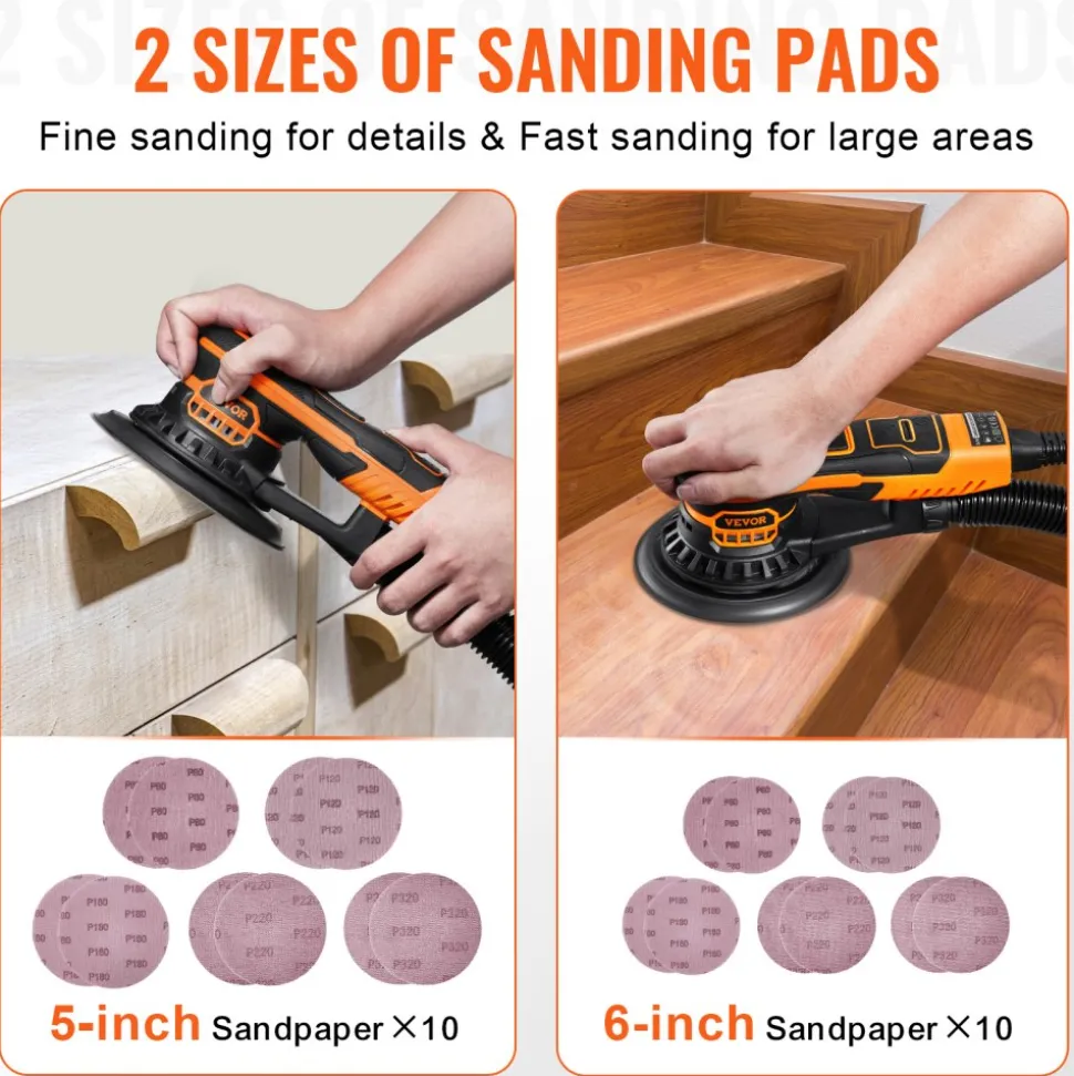 VEVOR Random Orbital Sander 5 & 6-Inch, 350W Brushless Orbital Sander, 10,000 PRM 6 Variable Speed Electric Palm Sander with 20PCS Sandpapers, Dust Connector & Hose for Woodworking Detailing Sanding