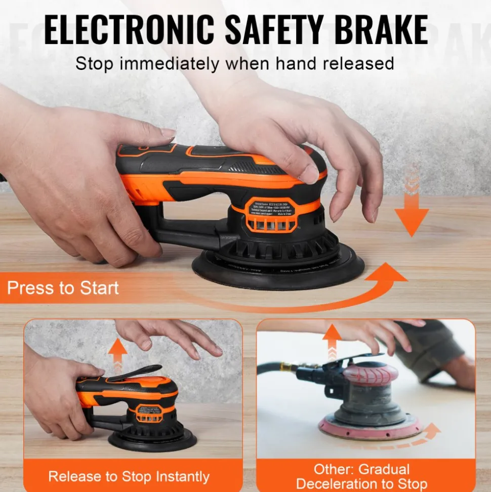 VEVOR Random Orbital Sander 6-Inch, 350W Brushless Orbital Sander, 10,000 PRM 6 Variable Speed Electric Palm Sander with 10PCS Sandpapers, Dust Connector & Hose for Woodworking Detailing Sanding