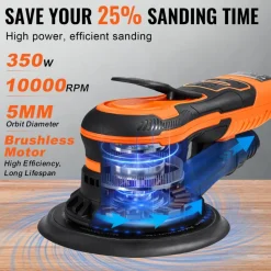 VEVOR Random Orbital Sander 6-Inch, 350W Brushless Orbital Sander, 10,000 PRM 6 Variable Speed Electric Palm Sander with 10PCS Sandpapers, Dust Connector & Hose for Woodworking Detailing Sanding