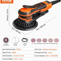 VEVOR Random Orbital Sander 6-Inch, 350W Brushless Orbital Sander, 10,000 PRM 6 Variable Speed Electric Palm Sander with 10PCS Sandpapers, Dust Connector & Hose for Woodworking Detailing Sanding