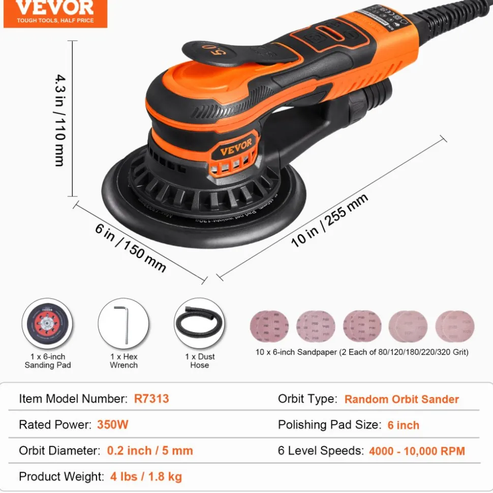 VEVOR Random Orbital Sander 6-Inch, 350W Brushless Orbital Sander, 10,000 PRM 6 Variable Speed Electric Palm Sander with 10PCS Sandpapers, Dust Connector & Hose for Woodworking Detailing Sanding