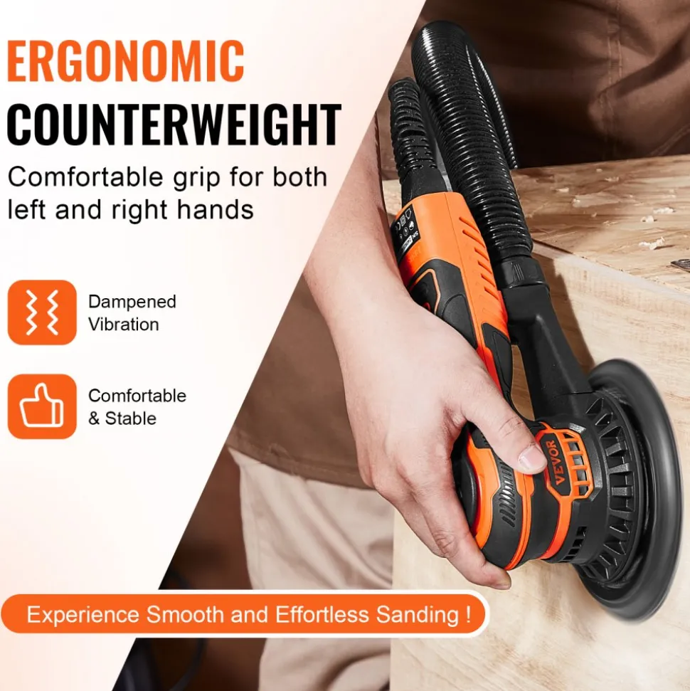 VEVOR Random Orbital Sander 6-Inch, 350W Brushless Orbital Sander, 10,000 PRM 6 Variable Speed Electric Palm Sander with 10PCS Sandpapers, Dust Connector & Hose for Woodworking Detailing Sanding