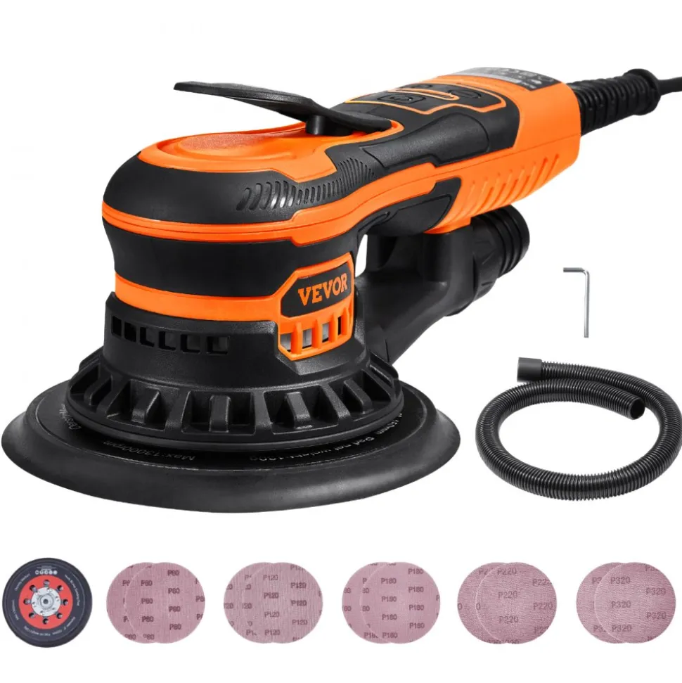 VEVOR Random Orbital Sander 6-Inch, 350W Brushless Orbital Sander, 10,000 PRM 6 Variable Speed Electric Palm Sander with 10PCS Sandpapers, Dust Connector & Hose for Woodworking Detailing Sanding