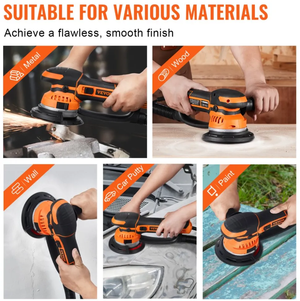 VEVOR Random Orbital Sander, 6-Inch DA & GA Dual Action Orbital Sander, 850W 7400PRM 6 Variable Speed Electric Palm Sander with 10PCS Sandpapers, Dust Connector for Woodworking Detailing Sanding