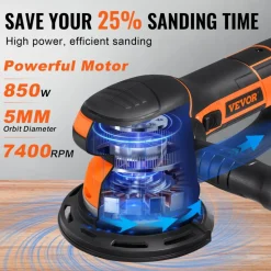 VEVOR Random Orbital Sander, 6-Inch DA & GA Dual Action Orbital Sander, 850W 7400PRM 6 Variable Speed Electric Palm Sander with 10PCS Sandpapers, Dust Connector for Woodworking Detailing Sanding