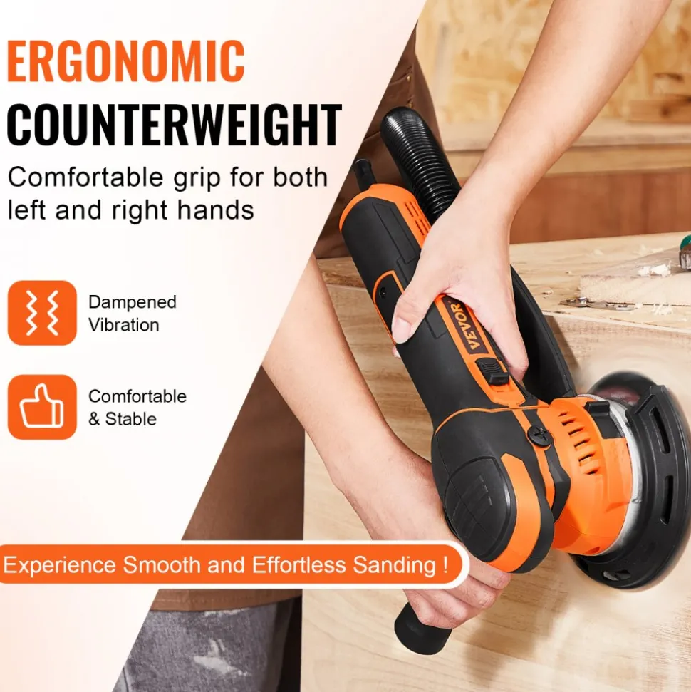 VEVOR Random Orbital Sander, 6-Inch DA & GA Dual Action Orbital Sander, 850W 7400PRM 6 Variable Speed Electric Palm Sander with 10PCS Sandpapers, Dust Connector for Woodworking Detailing Sanding