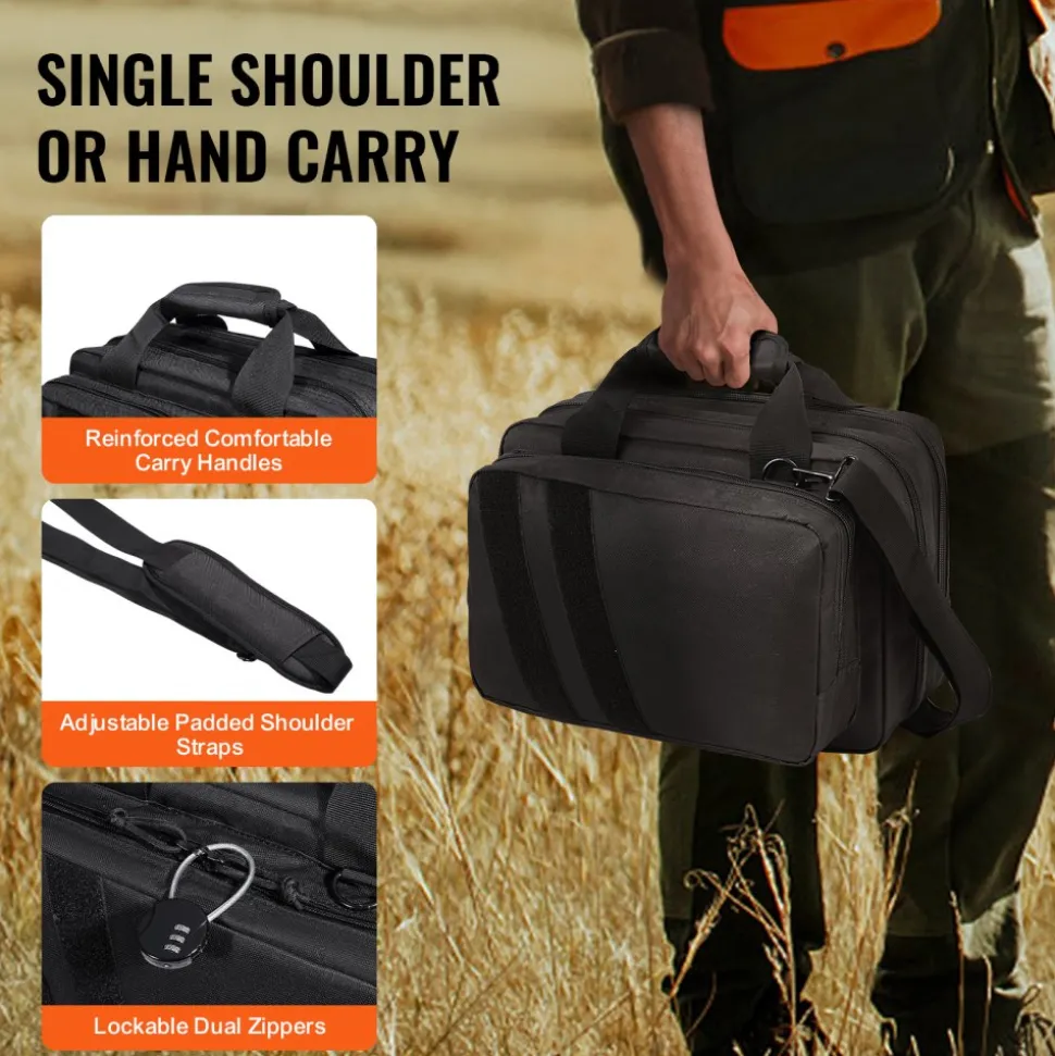 VEVOR Range Bag for 2 Pistols, Tactical Gun Bag with 2 Built-in Removable Pistol Bags & 6 Detachable Magazines, Gun Range Bag for Outdoor Hunting Shooting, Lockable Carrying Handgun Bag Case, Black