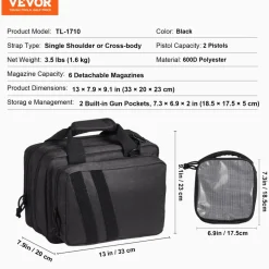 VEVOR Range Bag for 2 Pistols, Tactical Gun Bag with 2 Built-in Removable Pistol Bags & 6 Detachable Magazines, Gun Range Bag for Outdoor Hunting Shooting, Lockable Carrying Handgun Bag Case, Black