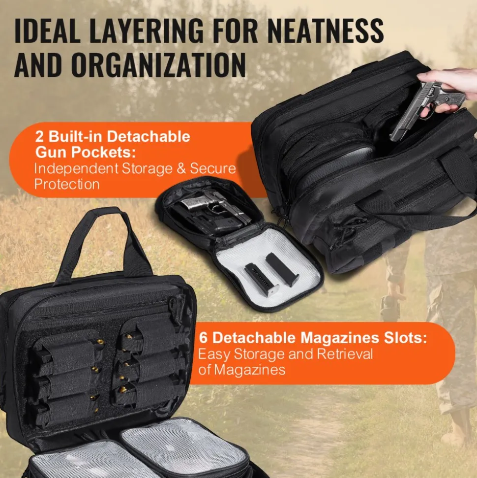 VEVOR Range Bag for 2 Pistols, Tactical Gun Bag with 2 Built-in Removable Pistol Bags & 6 Detachable Magazines, Gun Range Bag for Outdoor Hunting Shooting, Lockable Carrying Handgun Bag Case, Black