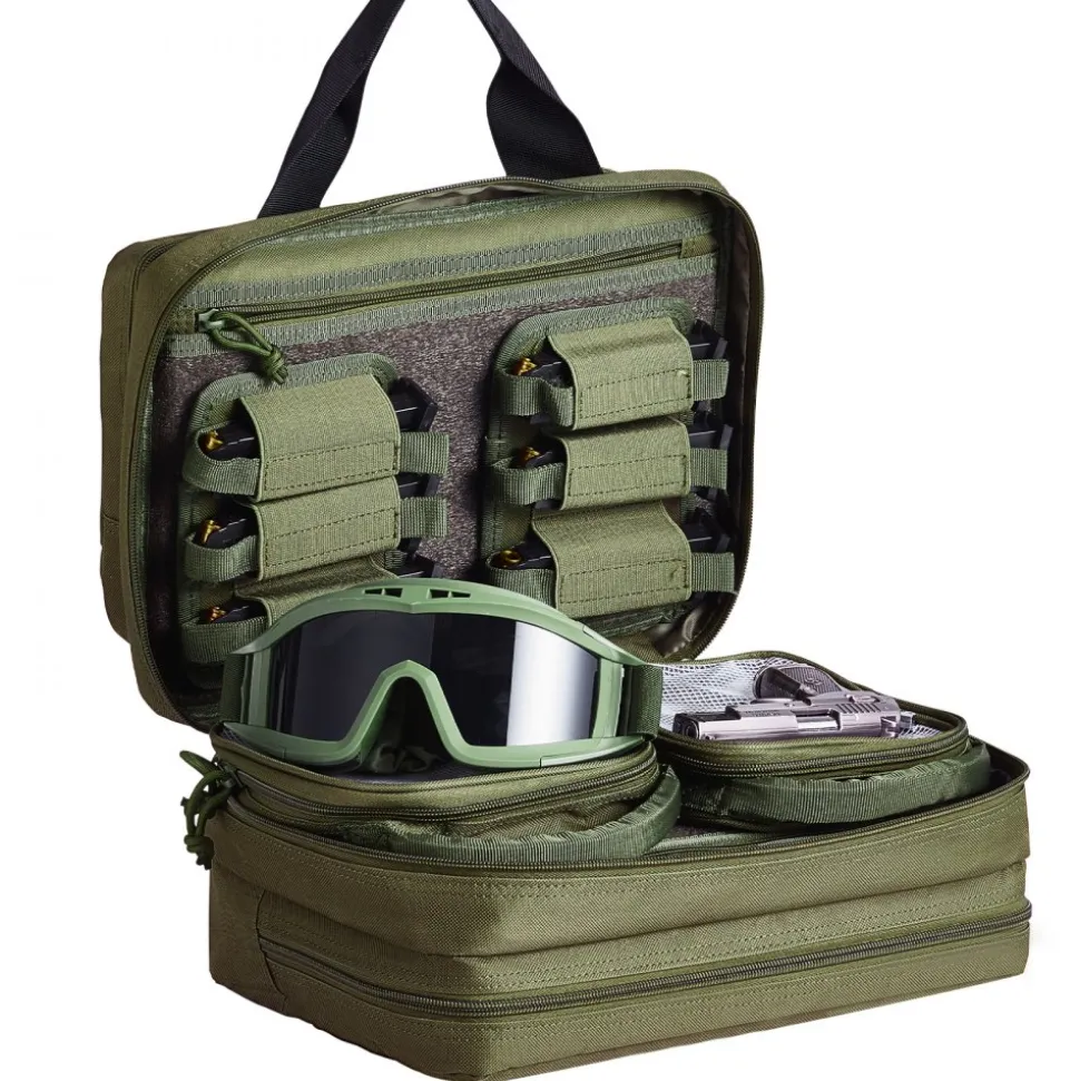 VEVOR Range Bag for 2 Pistols, Tactical Gun Bag with 2 Built-in Removable Pistol Bags & 6 Detachable Magazines, Gun Range Bag for Outdoor Hunting Shooting, Lockable Carrying Handgun Bag Case, Green