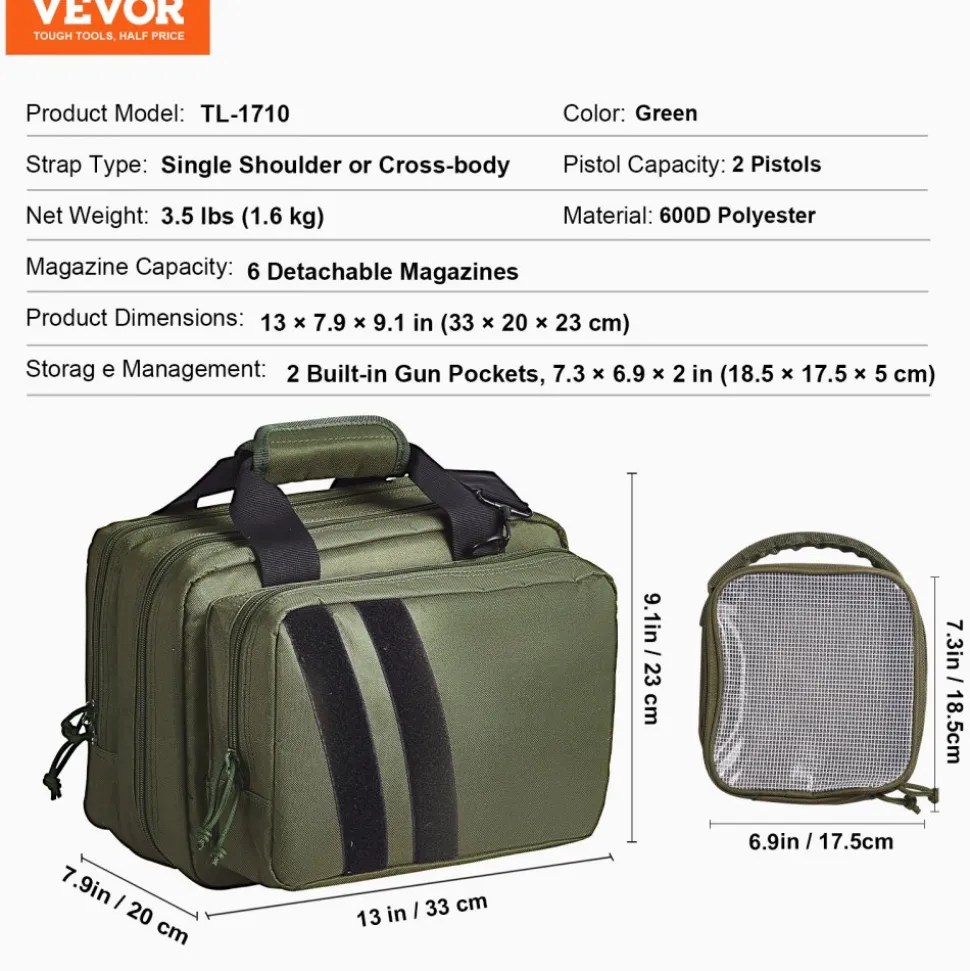 VEVOR Range Bag for 2 Pistols, Tactical Gun Bag with 2 Built-in Removable Pistol Bags & 6 Detachable Magazines, Gun Range Bag for Outdoor Hunting Shooting, Lockable Carrying Handgun Bag Case, Green