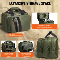 VEVOR Range Bag for 2 Pistols, Tactical Gun Bag with 2 Built-in Removable Pistol Bags & 6 Detachable Magazines, Gun Range Bag for Outdoor Hunting Shooting, Lockable Carrying Handgun Bag Case, Green
