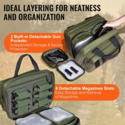 VEVOR Range Bag for 2 Pistols, Tactical Gun Bag with 2 Built-in Removable Pistol Bags & 6 Detachable Magazines, Gun Range Bag for Outdoor Hunting Shooting, Lockable Carrying Handgun Bag Case, Green