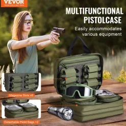VEVOR Range Bag for 2 Pistols, Tactical Gun Bag with 2 Built-in Removable Pistol Bags & 6 Detachable Magazines, Gun Range Bag for Outdoor Hunting Shooting, Lockable Carrying Handgun Bag Case, Green