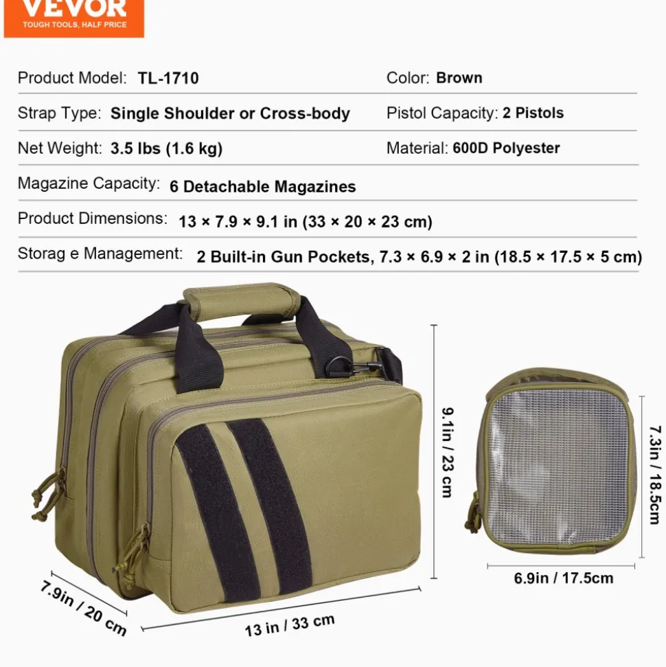 VEVOR Range Bag for 2 Pistols, Tactical Gun Bag with 2 Built-in Removable Pistol Bags & 6 Detachable Magazines, Gun Range Bag for Outdoor Hunting Shooting, Lockable Carrying Handgun Bag Case, Brown