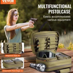 VEVOR Range Bag for 2 Pistols, Tactical Gun Bag with 2 Built-in Removable Pistol Bags & 6 Detachable Magazines, Gun Range Bag for Outdoor Hunting Shooting, Lockable Carrying Handgun Bag Case, Brown