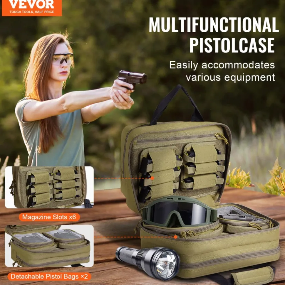 VEVOR Range Bag for 2 Pistols, Tactical Gun Bag with 2 Built-in Removable Pistol Bags & 6 Detachable Magazines, Gun Range Bag for Outdoor Hunting Shooting, Lockable Carrying Handgun Bag Case, Brown
