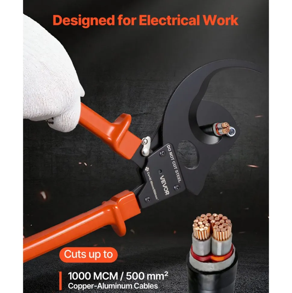 VEVOR Ratcheting Cable Cutter, Spring Steel Blades with PVC-Coated Handles, Quick-Release Button, Heavy Duty Ratchet Cable Wire Cutter for Cutting Copper & Aluminum Cables Up to 1000 MCM / 500 mm²
