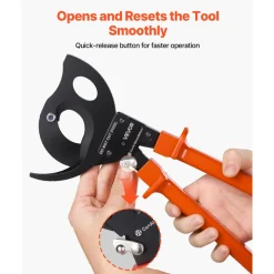 VEVOR Ratcheting Cable Cutter, Spring Steel Blades with PVC-Coated Handles, Quick-Release Button, Heavy Duty Ratchet Cable Wire Cutter for Cutting Copper & Aluminum Cables Up to 1000 MCM / 500 mm²