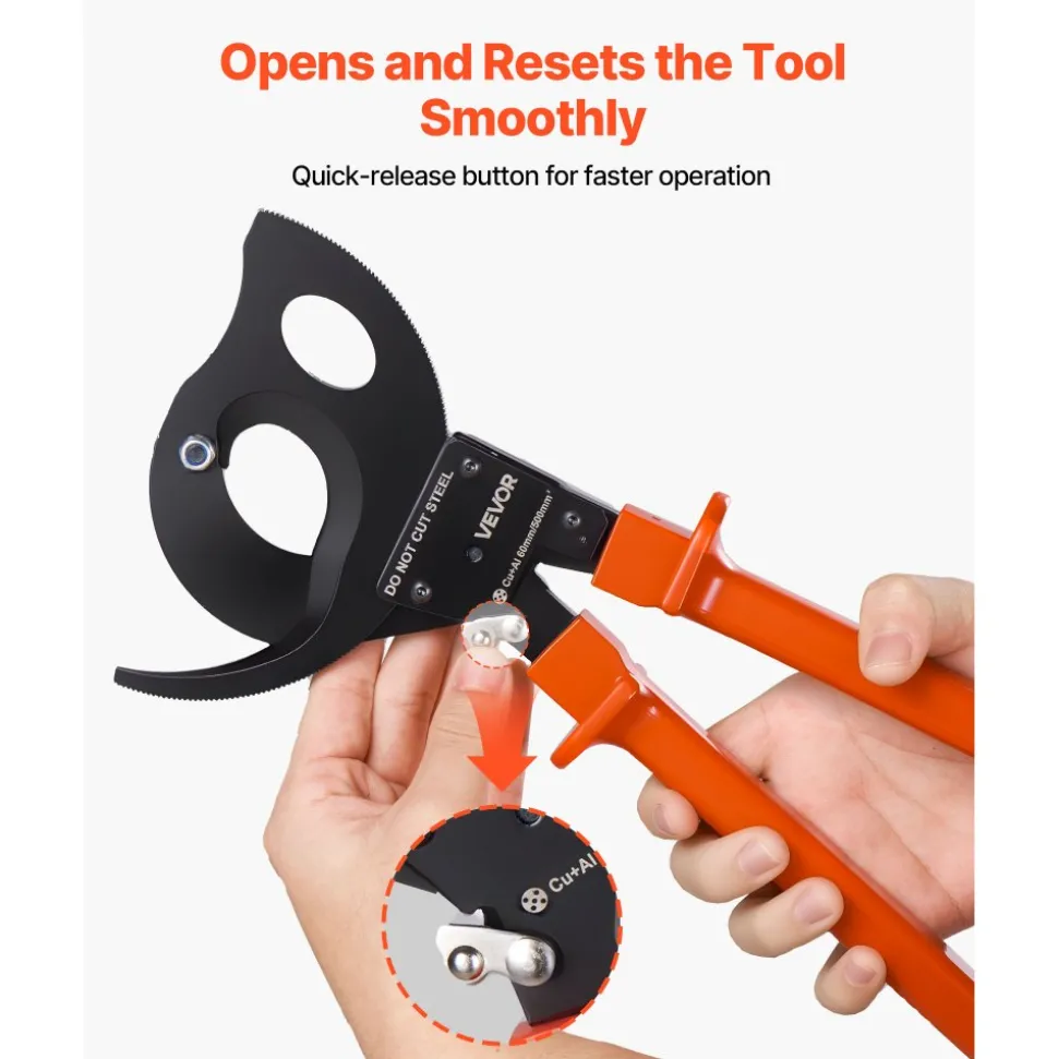 VEVOR Ratcheting Cable Cutter, Spring Steel Blades with PVC-Coated Handles, Quick-Release Button, Heavy Duty Ratchet Cable Wire Cutter for Cutting Copper & Aluminum Cables Up to 1000 MCM / 500 mm²