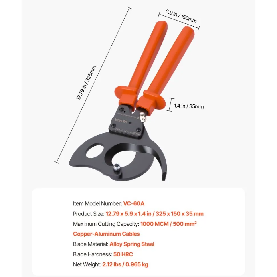 VEVOR Ratcheting Cable Cutter, Spring Steel Blades with PVC-Coated Handles, Quick-Release Button, Heavy Duty Ratchet Cable Wire Cutter for Cutting Copper & Aluminum Cables Up to 1000 MCM / 500 mm²