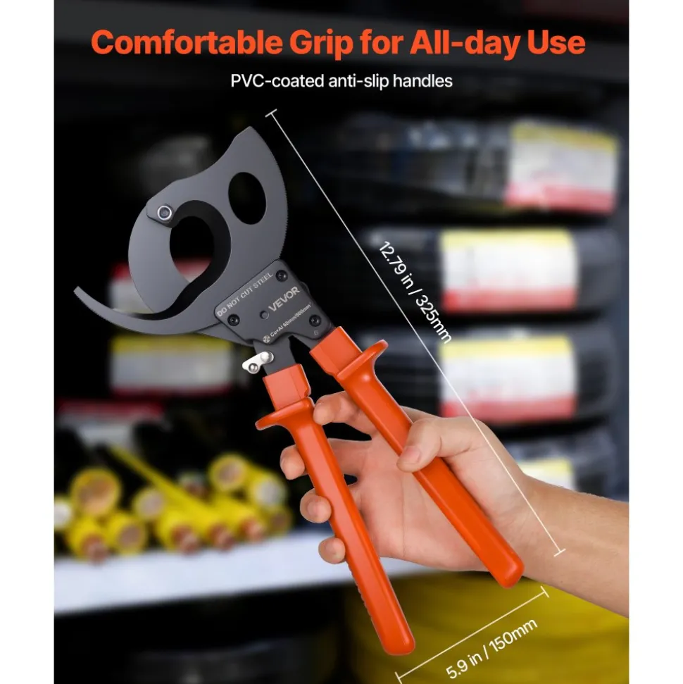 VEVOR Ratcheting Cable Cutter, Spring Steel Blades with PVC-Coated Handles, Quick-Release Button, Heavy Duty Ratchet Cable Wire Cutter for Cutting Copper & Aluminum Cables Up to 1000 MCM / 500 mm²