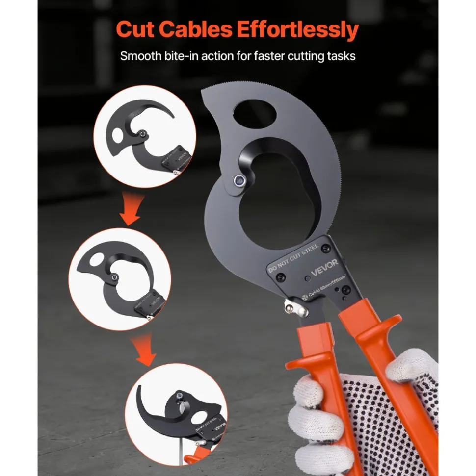 VEVOR Ratcheting Cable Cutter, Spring Steel Blades with PVC-Coated Handles, Quick-Release Button, Heavy Duty Ratchet Cable Wire Cutter for Cutting Copper & Aluminum Cables Up to 1000 MCM / 500 mm²