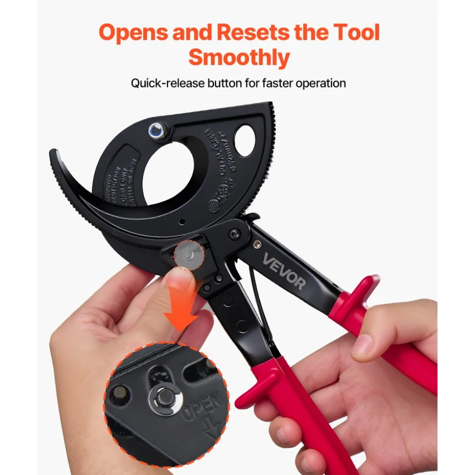 VEVOR Ratcheting Cable Cutter, Spring Steel Blades with Insulated Handles, Quick-Release Button, Heavy Duty Ratchet Cable Wire Cutter for Cutting Copper & Aluminum Cables Up to 800 MCM / 400 mm²